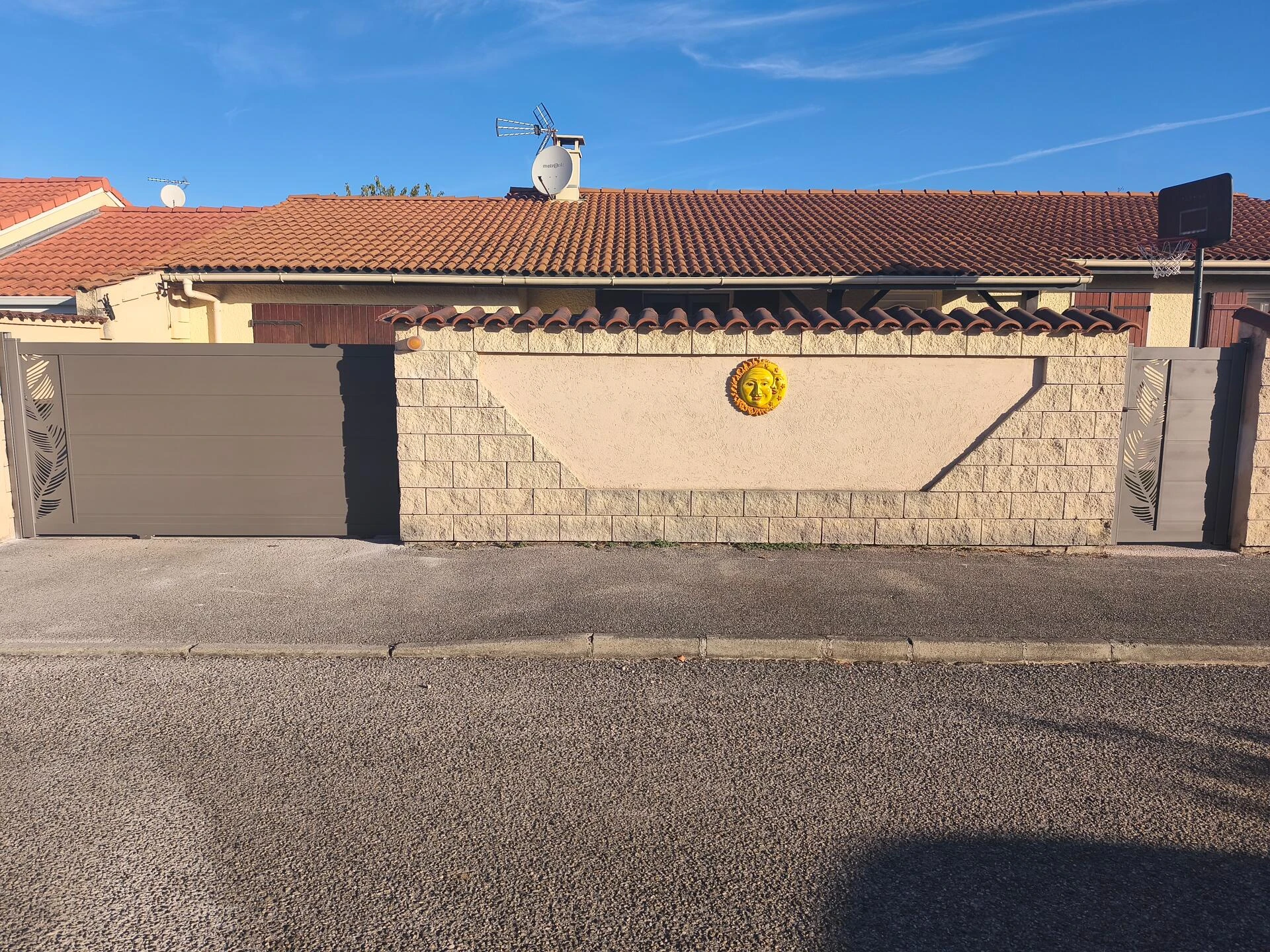 Pose d'un portail coulissant motorisé et d'un portillon aluminium avec décor Domai'n sur la commune de Meyzieu par l'entreprise Rivoire