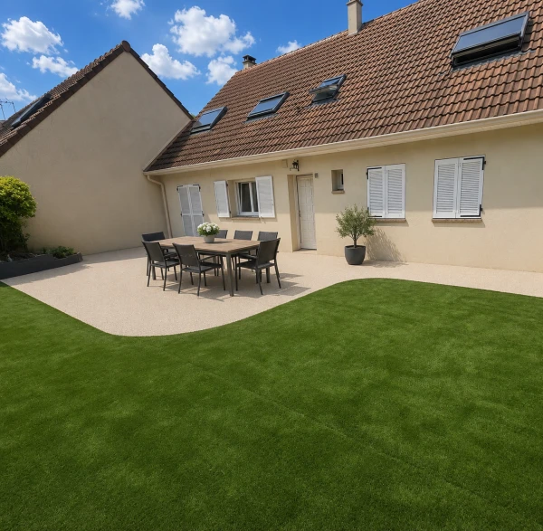 Terrasse en Hydrostar avec pelouse synthétique DM Green